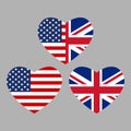 US and UK flags icon in the heart shape. American and British friendship symbol. Vector illustration. Royalty Free Stock Photo